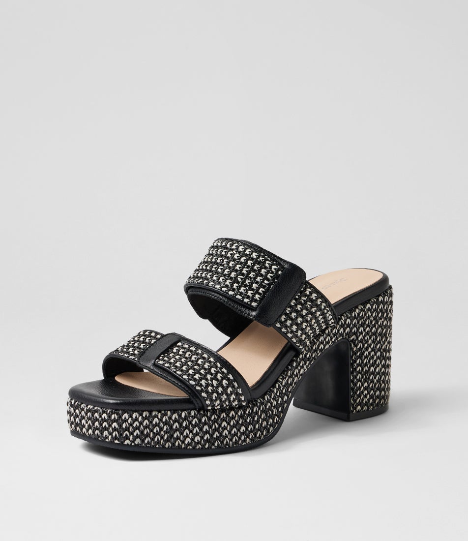 Kyper Black White Synthetic Raffia Leather Sandals