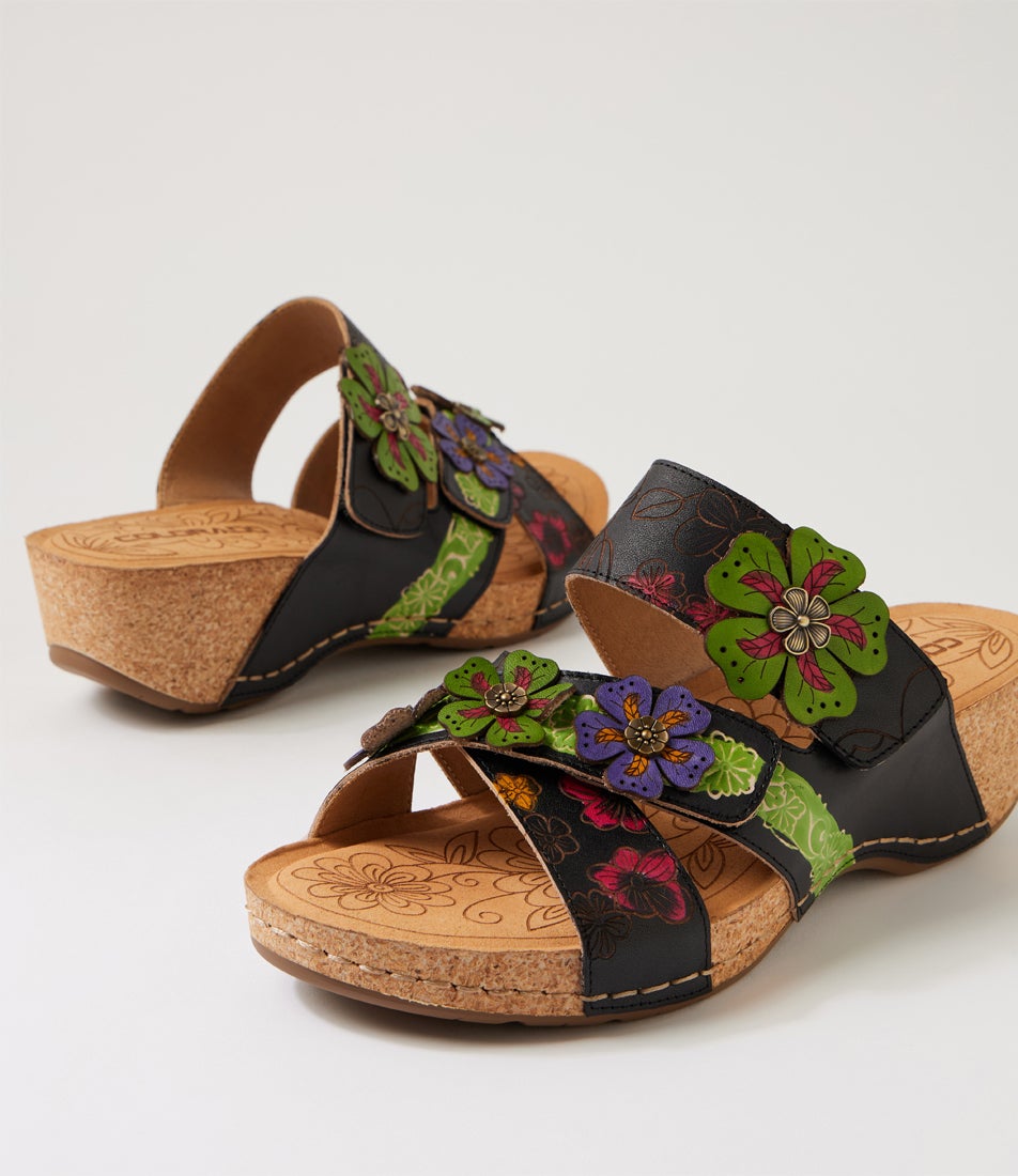 Jasmine Black Botanical Leather Wedges