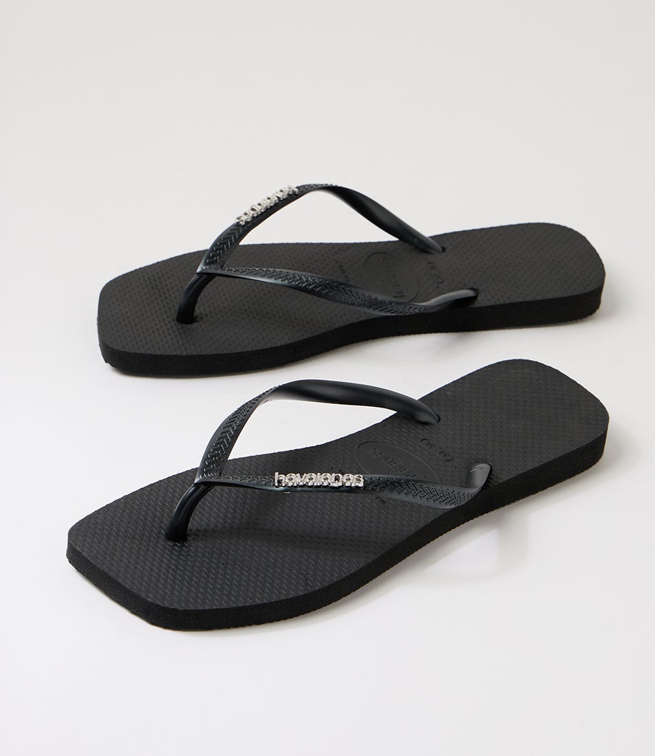 Slim Square Toe Black Silver Rubber Thongs