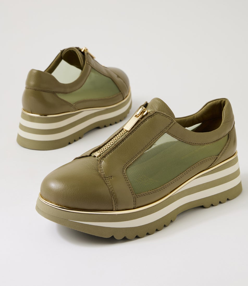 Elwira Khaki Leather Mesh Loafers