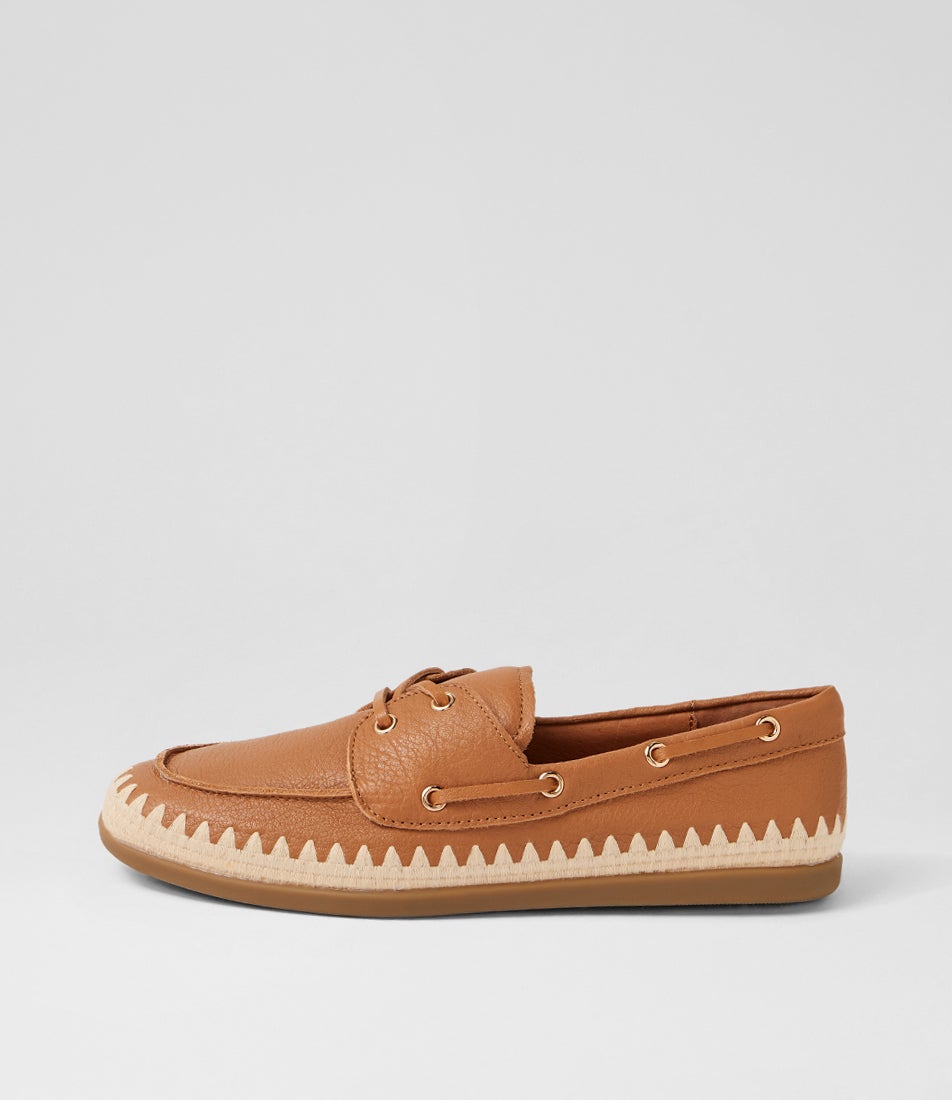 Rory Dark Tan Natural Leather Synthetic Raffia Boat Shoes