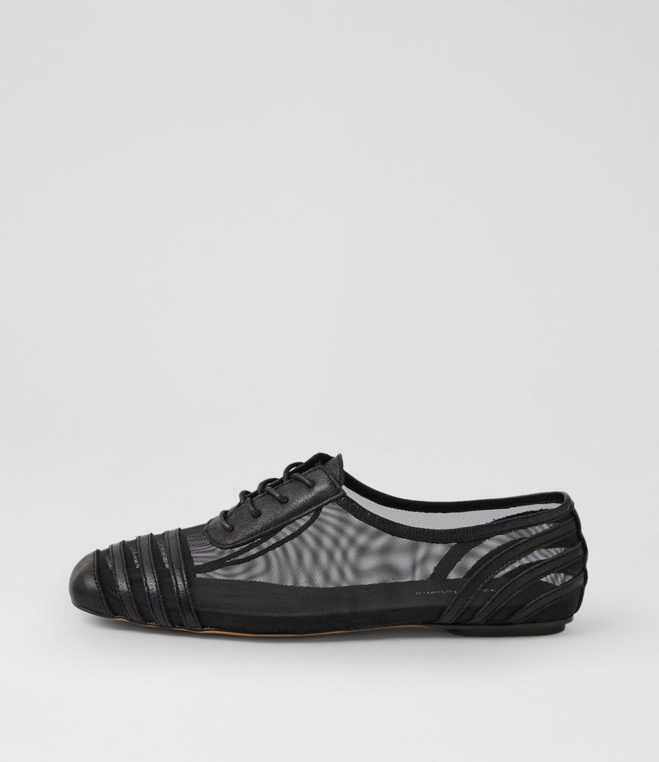 Vyolet Black Leather Mesh Lace Up Flats