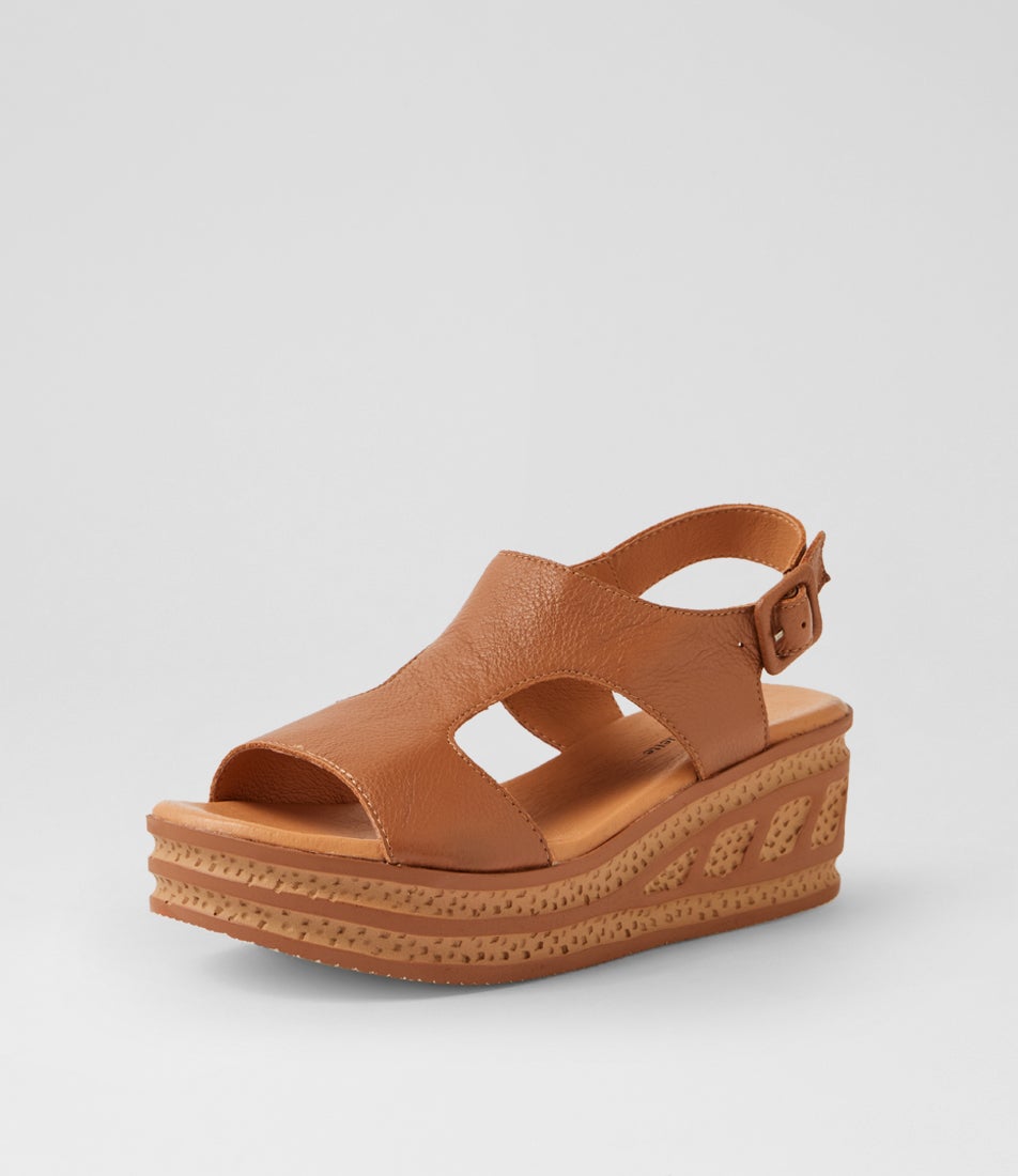 Qeleigh Dark Tan Leather Platform Wedge Sandals