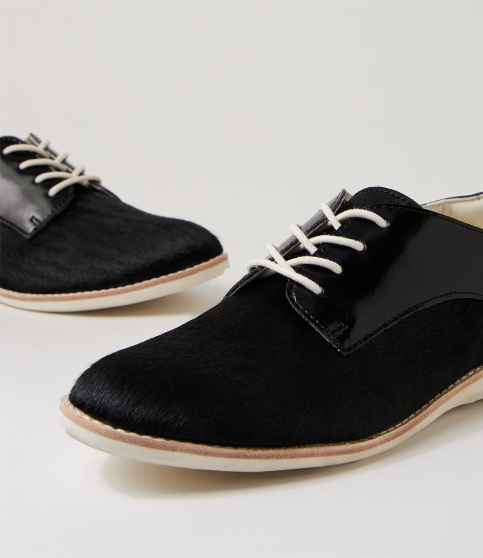 Derby Black Splice Leather Lace Up Flats