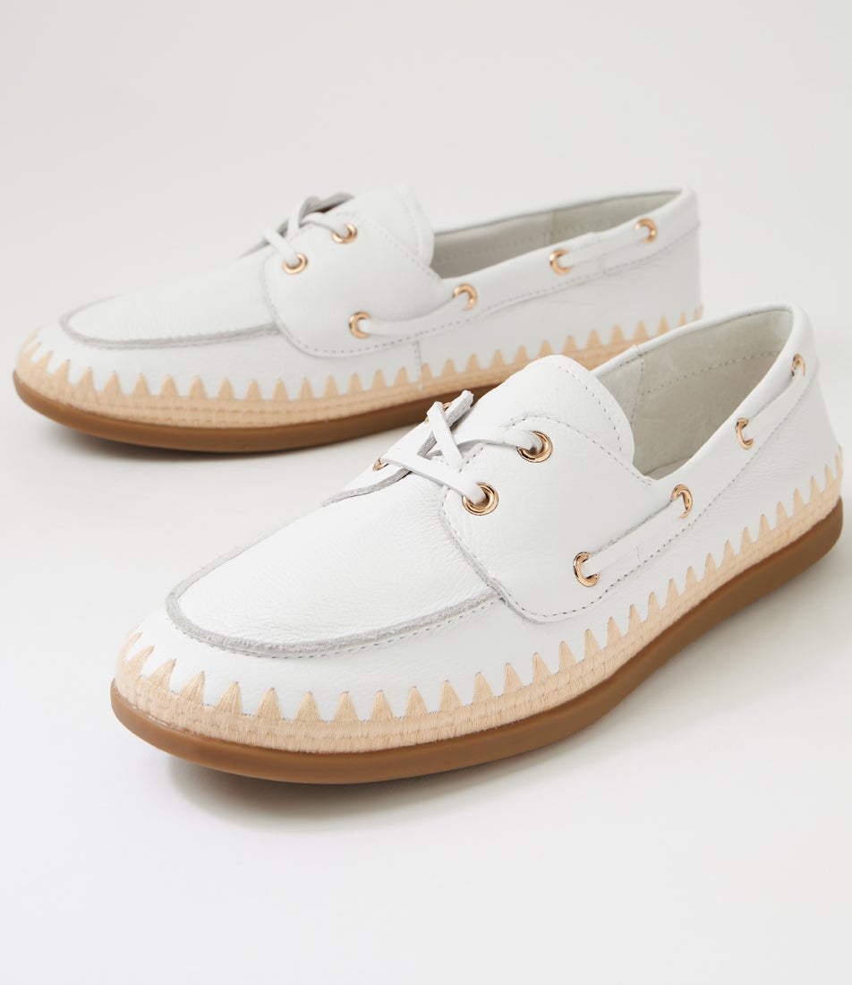Rory White Natural Leather Synthetic Raffia Boat Shoes