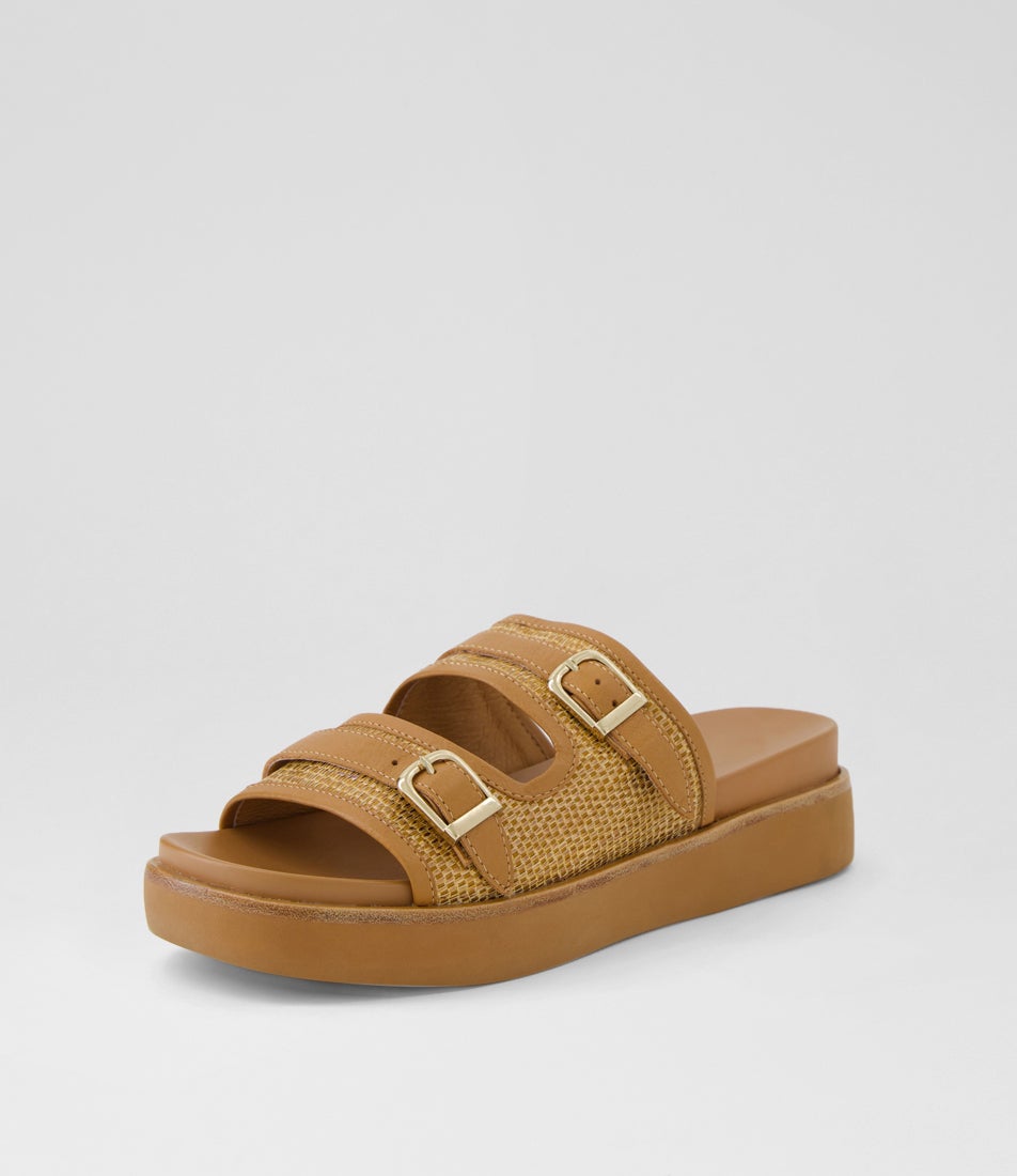 Zimra Dark Tan Leather Raffia Slides