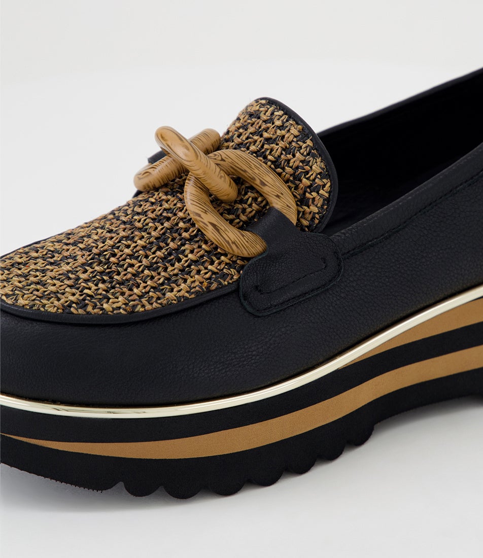 Eggey Black Coffee Leather Syn Raffia Loafers