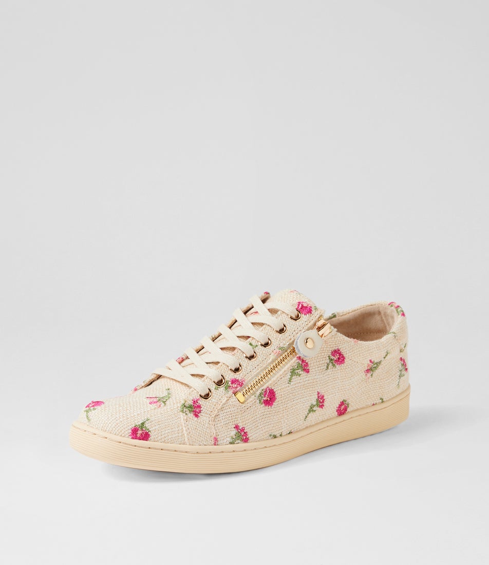 Donatas Beige Bouquet Fabric Lace Up Sneakers