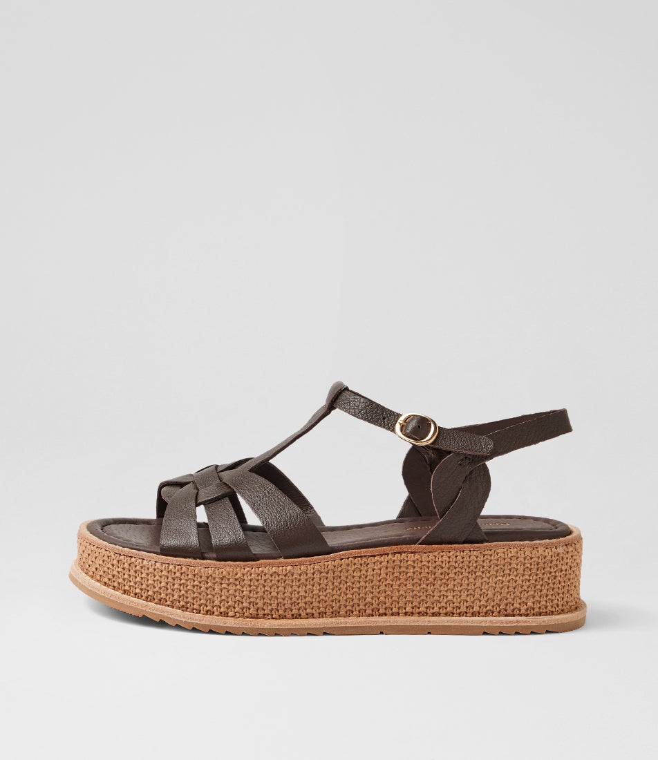 Vernir Choc Coffee Leather Synthetic Raffia Sandals