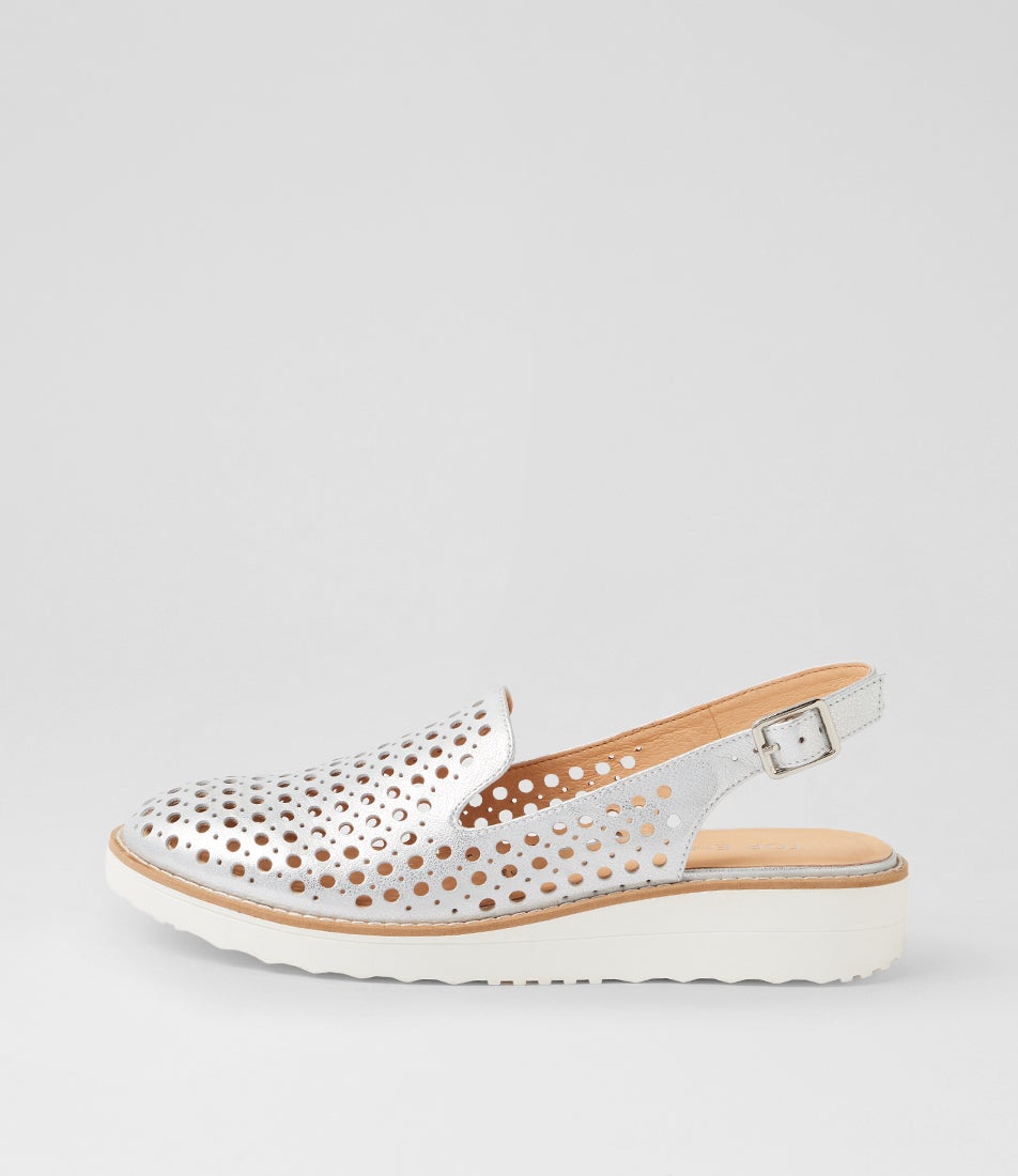 Onula White Silver Wash Leather Flat Shoes