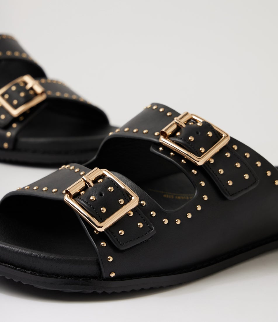 Havro W Black Pale Gold Leather Slides
