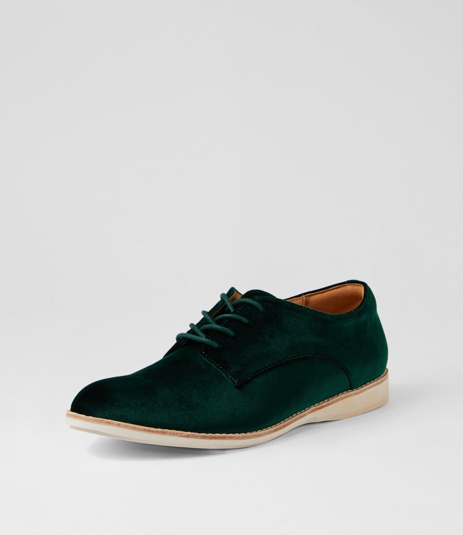 Derby Emerald Velvet Fabric Lace Up Flats