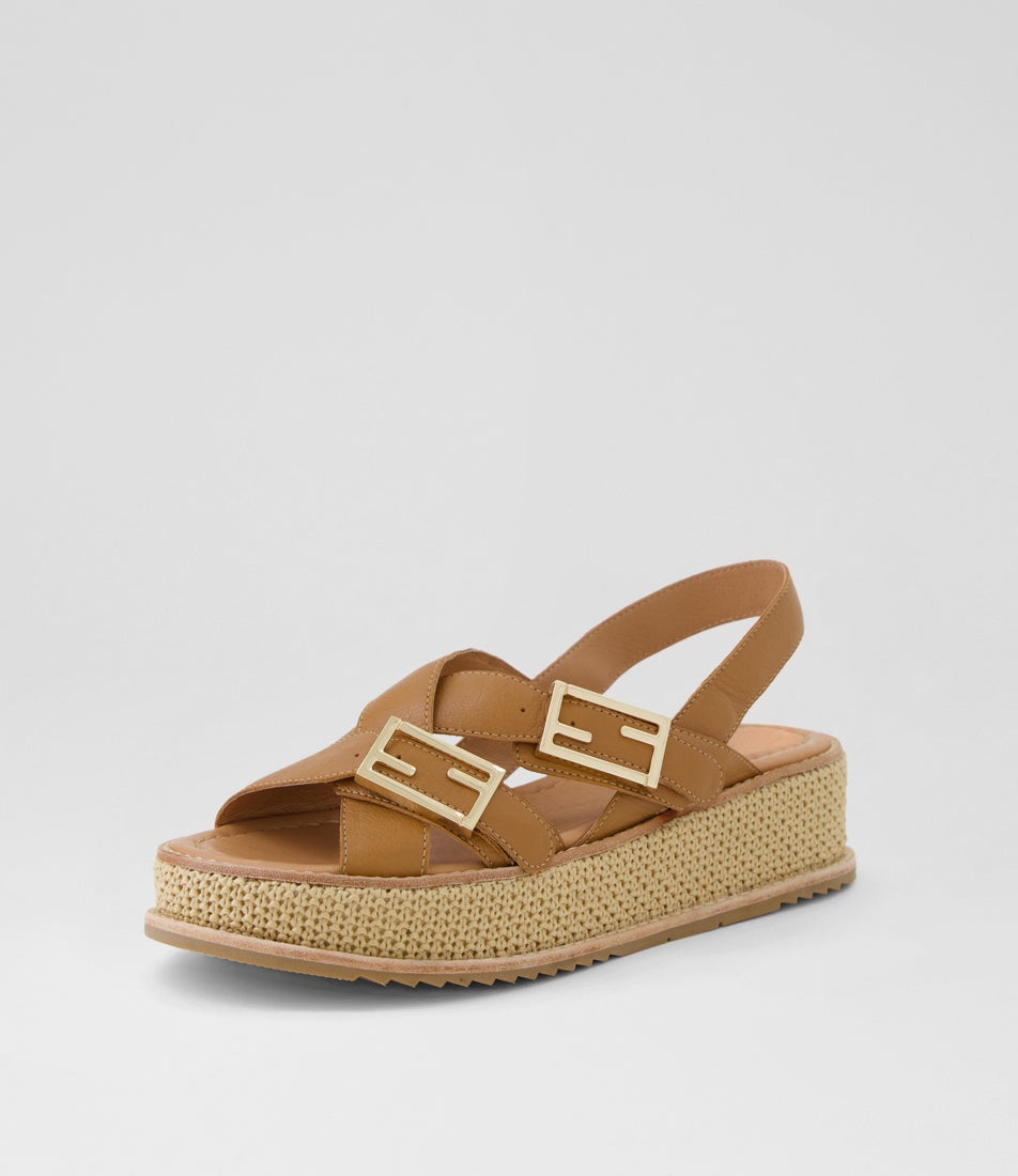 Vasha Dark Tan Camel Leather Raffia Sandals
