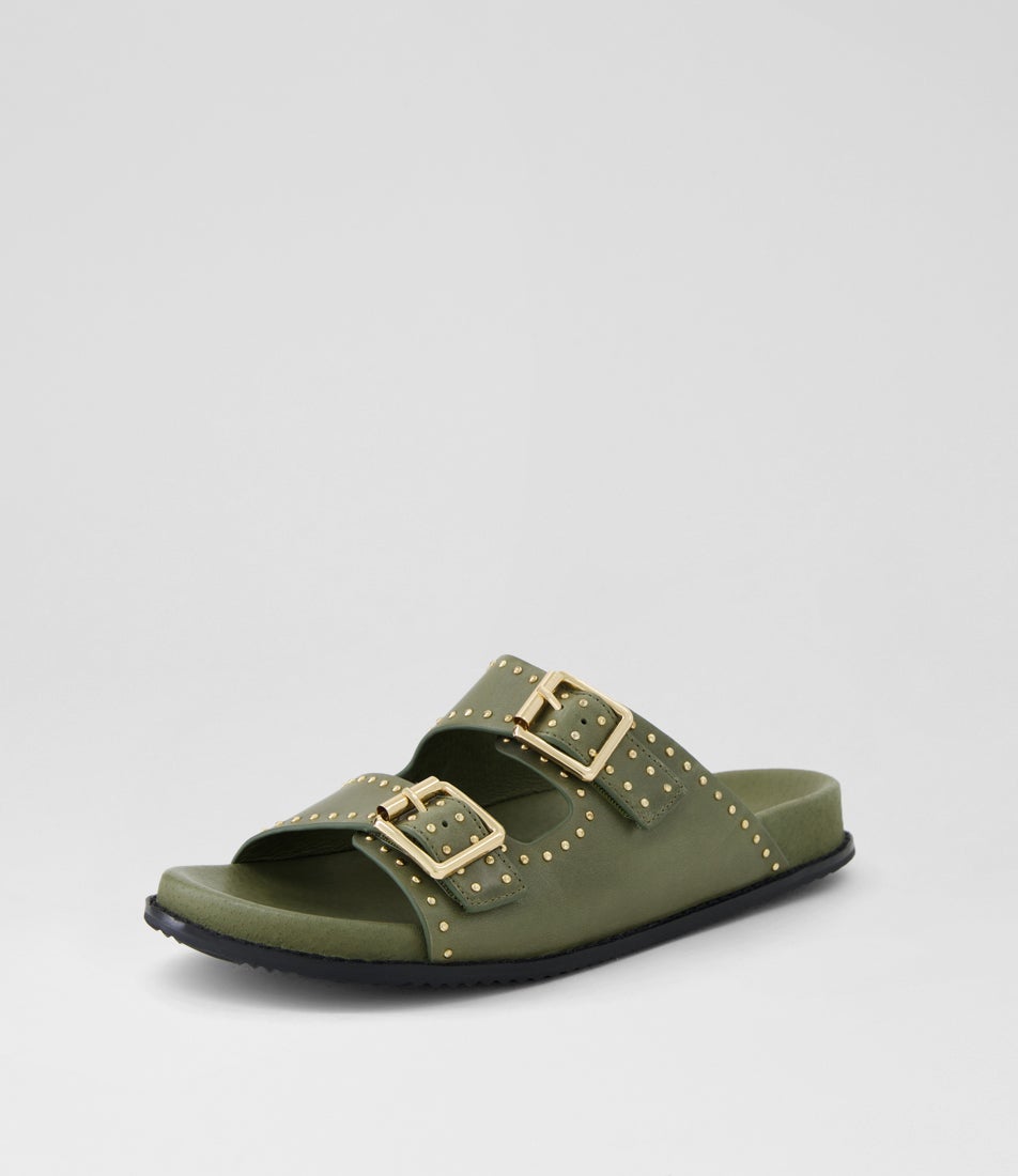 Havro W Olive Pale Gold Leather Slides