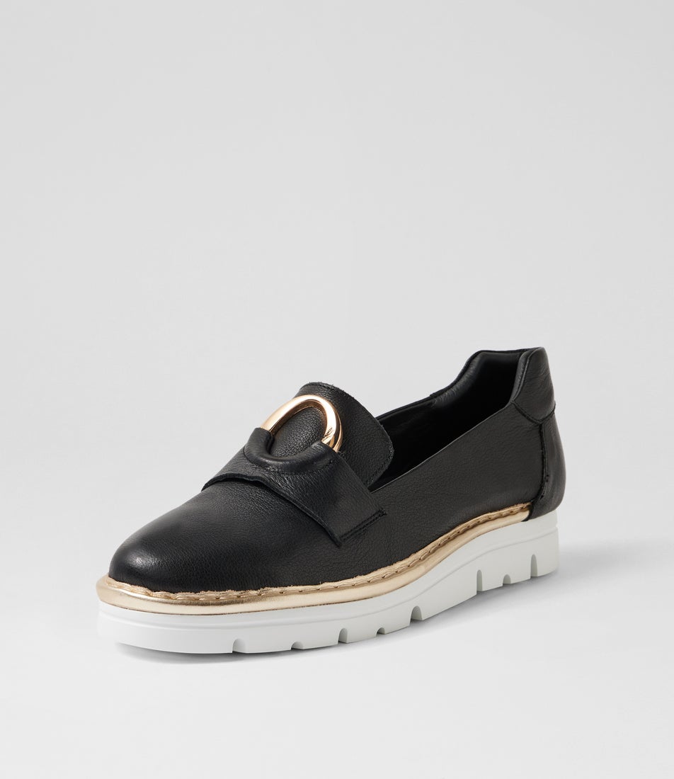 Everins Black Gold Leather Flat Shoes
