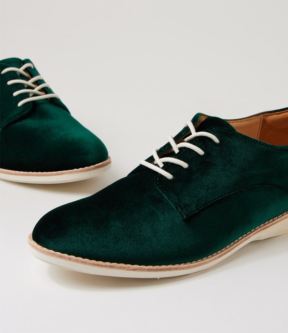 Derby Emerald Velvet Fabric Lace Up Flats
