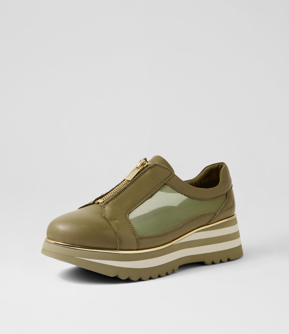 Elwira Khaki Leather Mesh Loafers