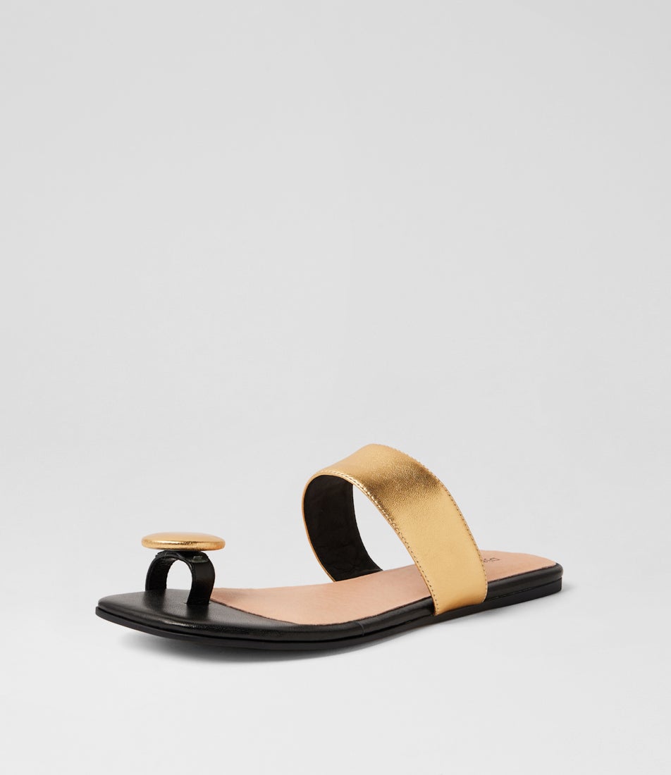 Loxley Old Gold Black Leather Slides