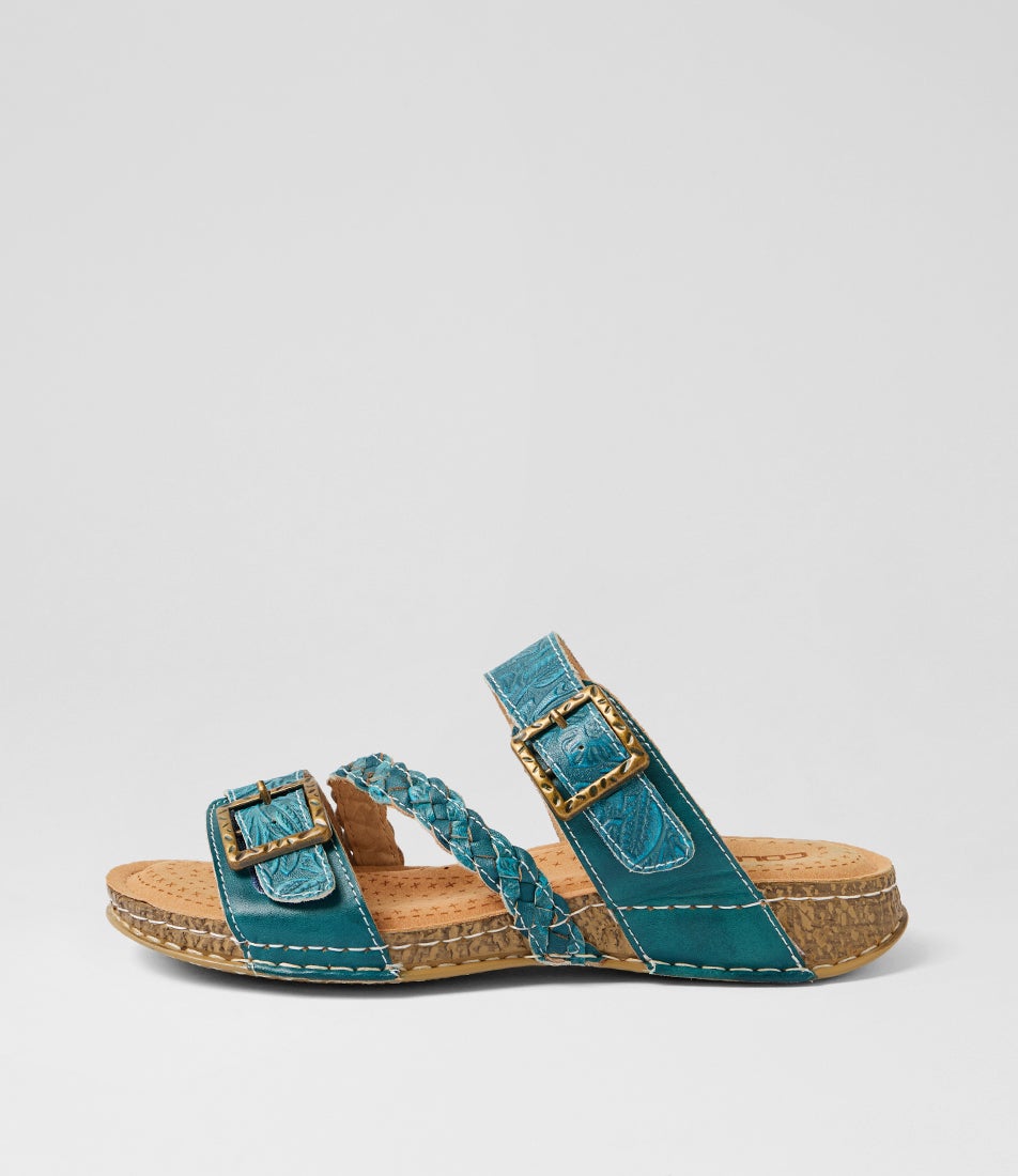 Prena Teal Embossed Leather Slides