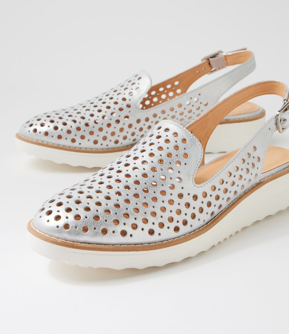 Onula White Silver Wash Leather Flat Shoes