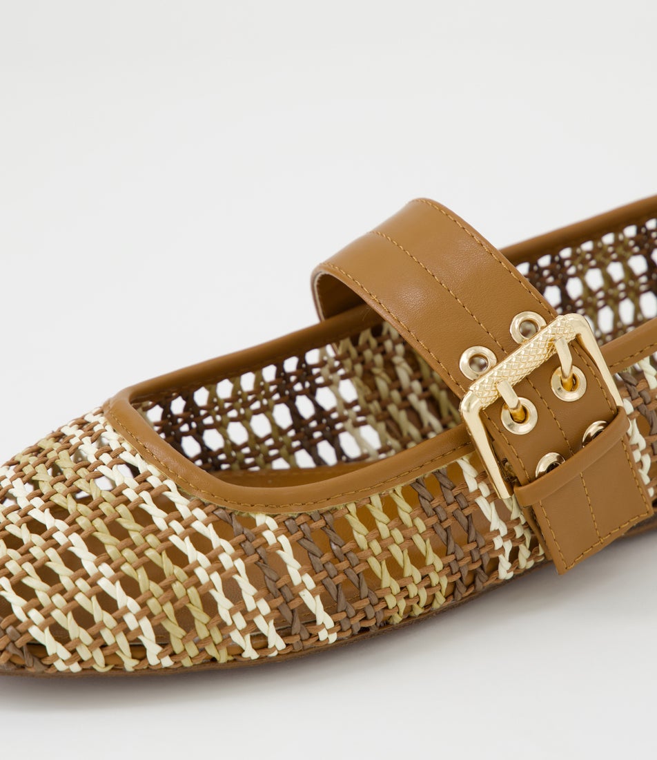 Pollinga Tan Multi Syn Raffia Flat Shoes