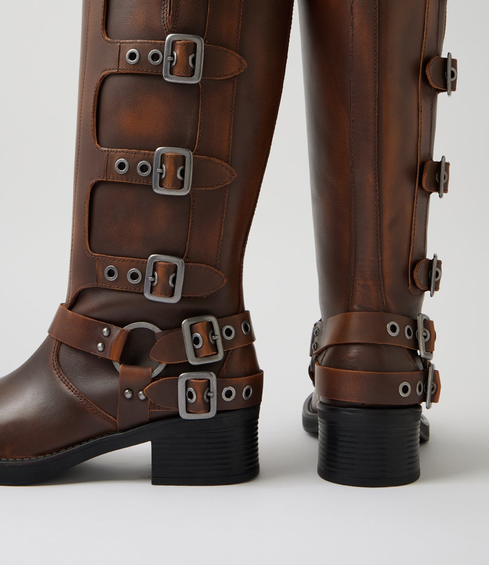 Ryder Brown Rub Leather Knee High Boots