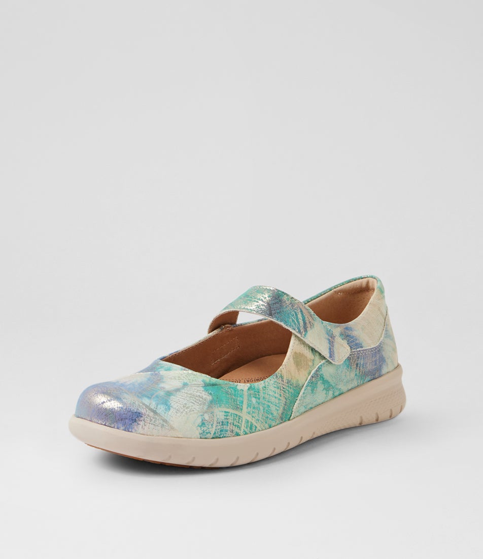 Selroy Xw Green Watercolour Leather Flat Shoes
