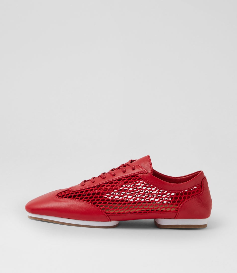Remy Red Leather Mesh Lace Up Flats