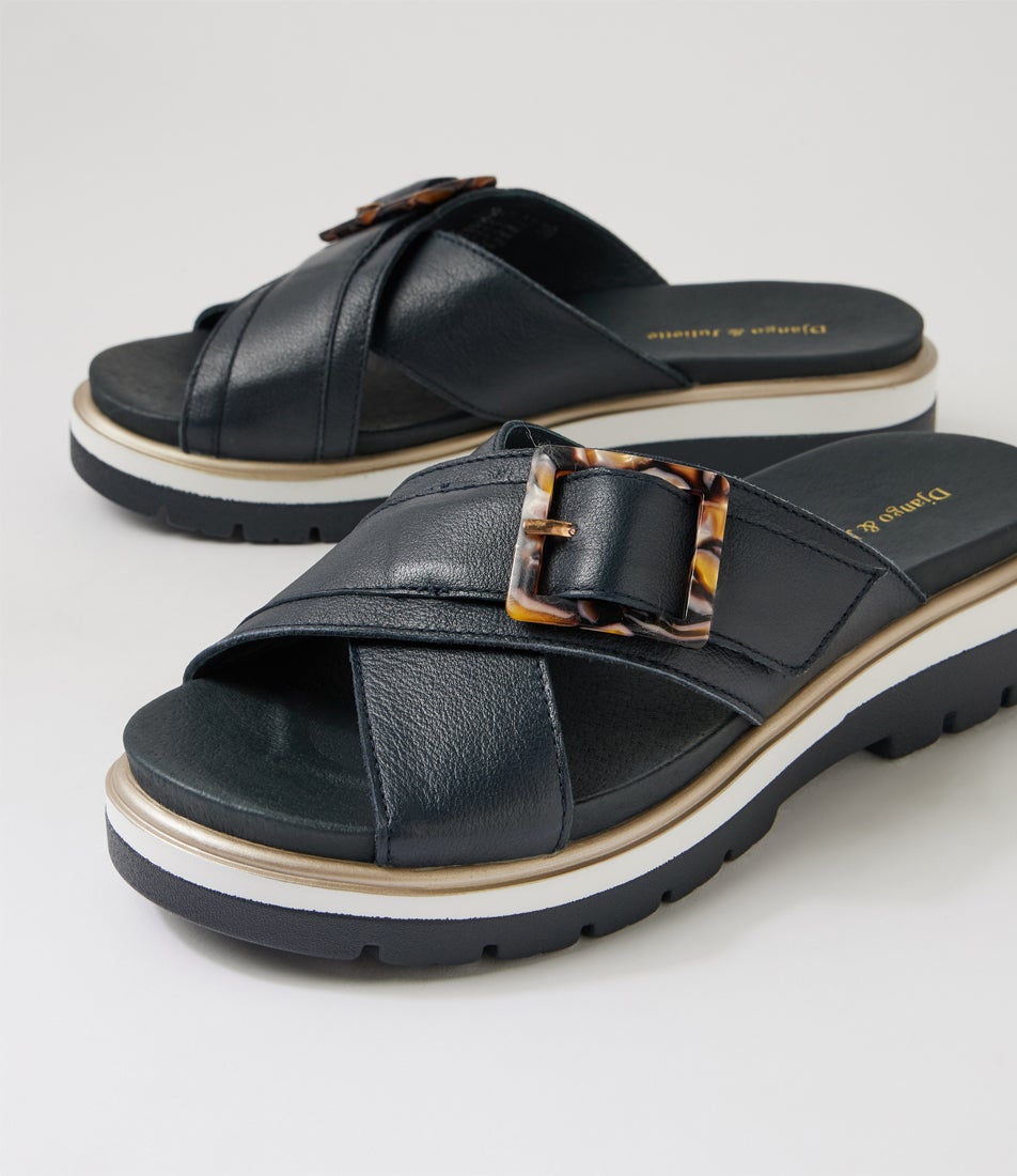 Norne Navy White Leather Slides
