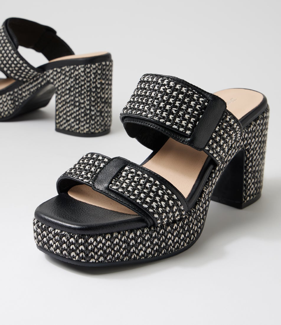 Kyper Black White Synthetic Raffia Leather Sandals