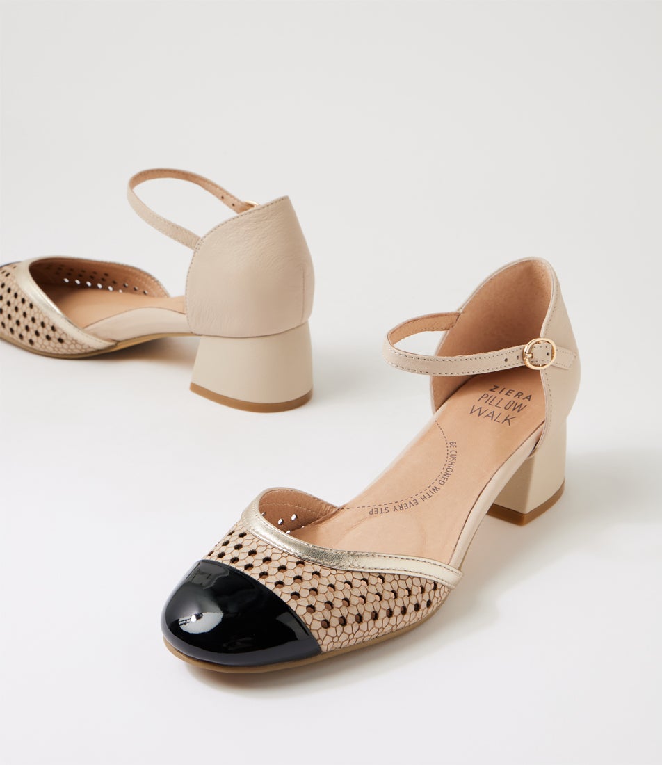 Zazza W Black Almond Pale Gold Patent Leather Heels