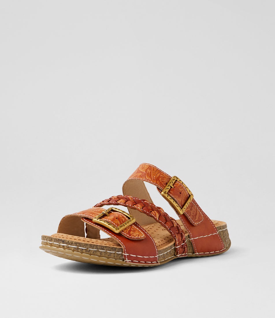 Prena Tan Embossed Leather Slides Prena Tan Embossed Leather Slides