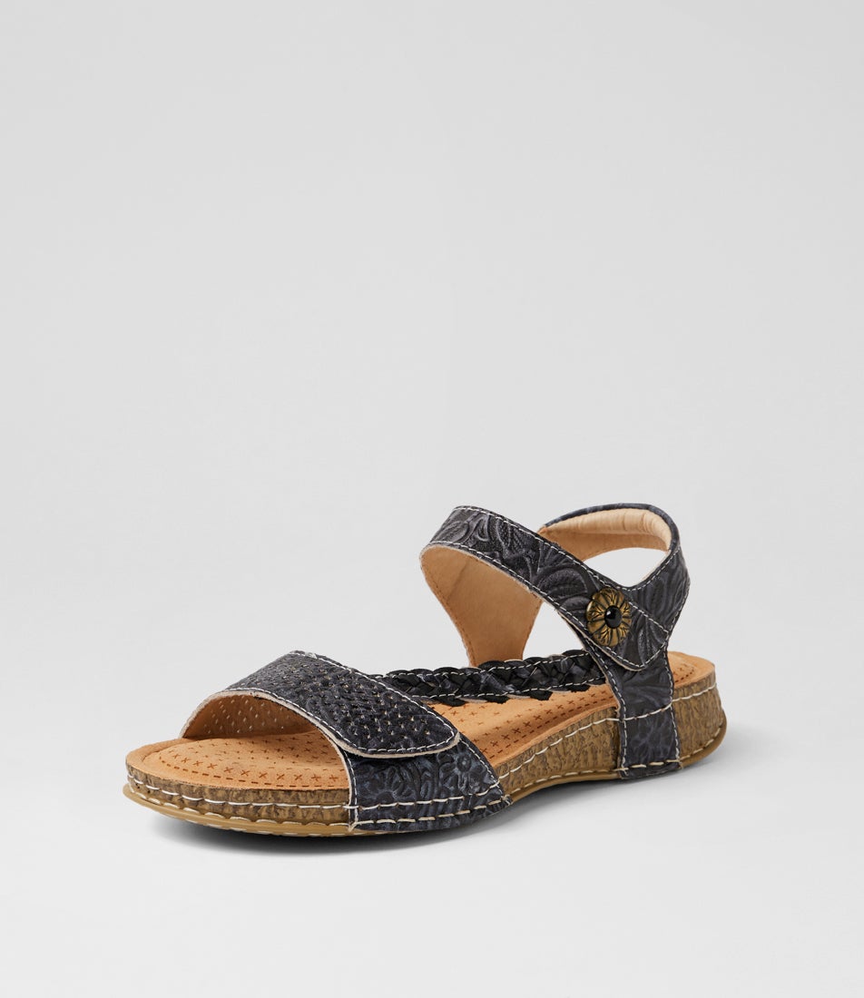 Petras Black Embossed Leather Strappy Sandals