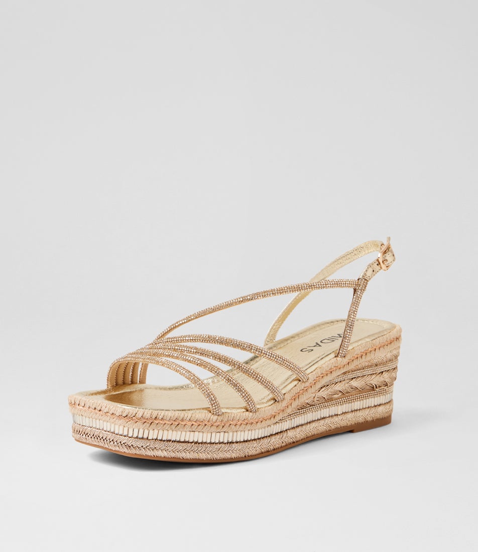 Versus Pale Gold Leather Jewels Platform Wedge Sandals