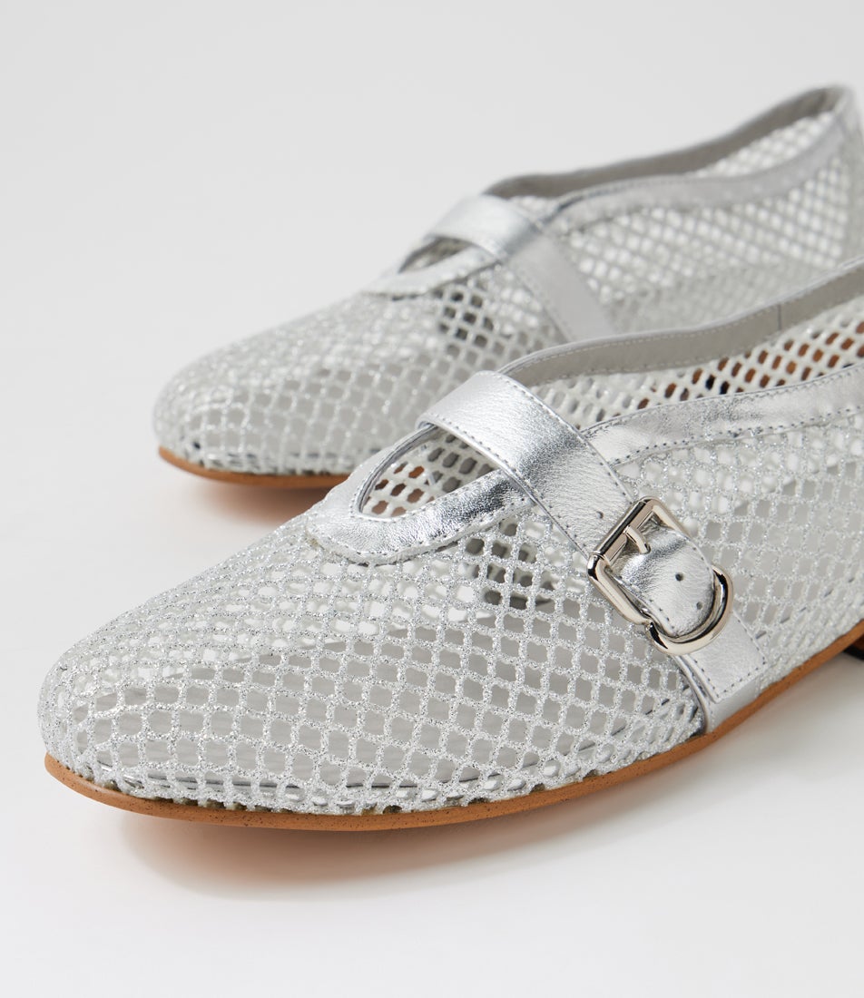 Walaia Silver Mesh Leather Ballet Flats