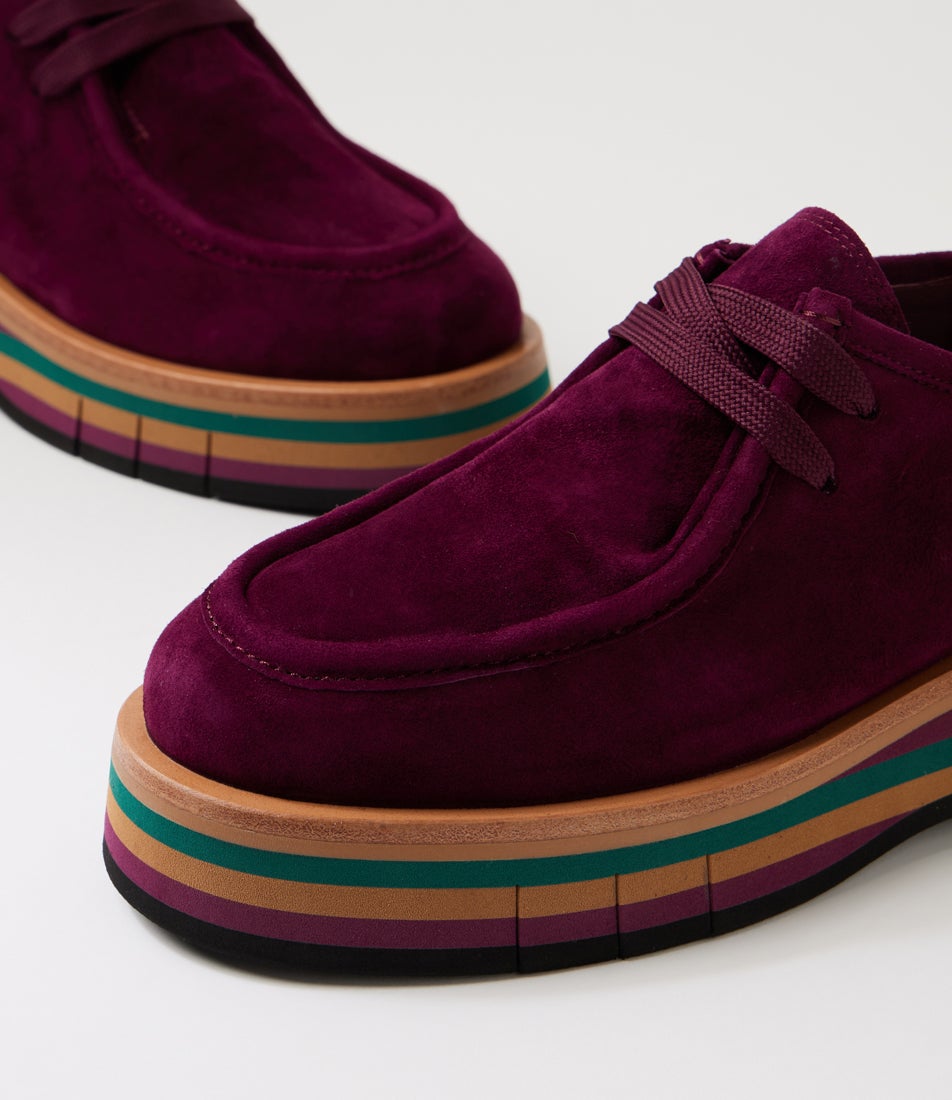 Gnota Burgundy Forest Tan Multi Suede Lace Up Flats