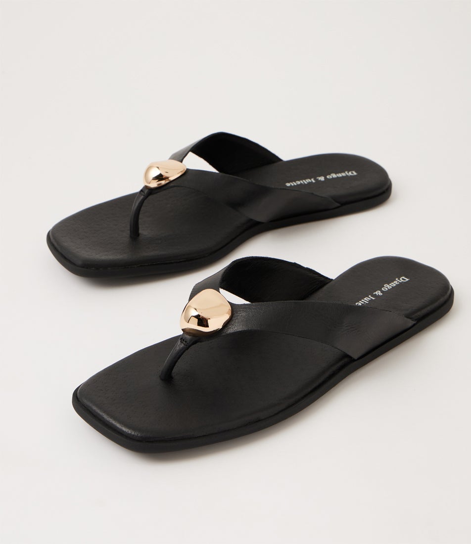 Nixie Black Gold Leather Thongs