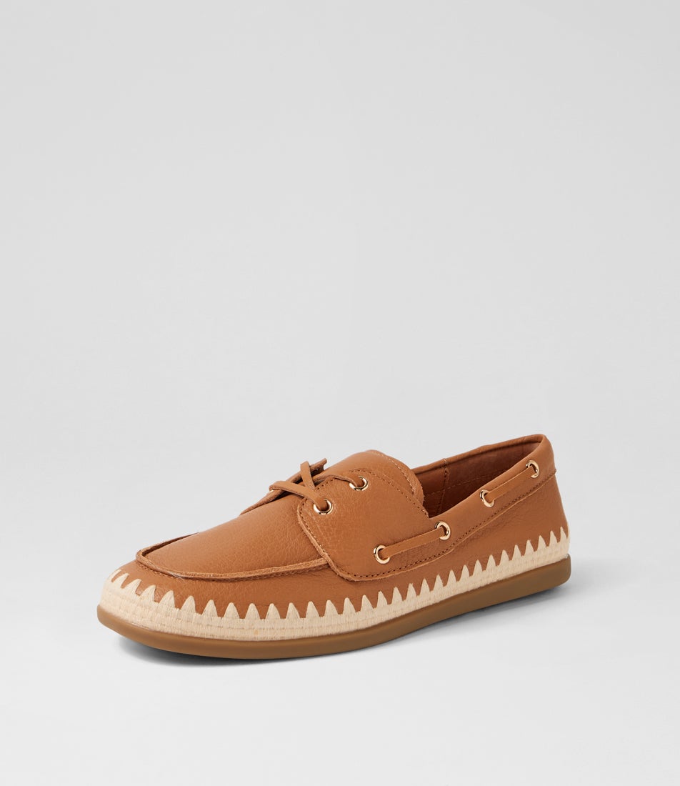 Rory Dark Tan Natural Leather Synthetic Raffia Boat Shoes