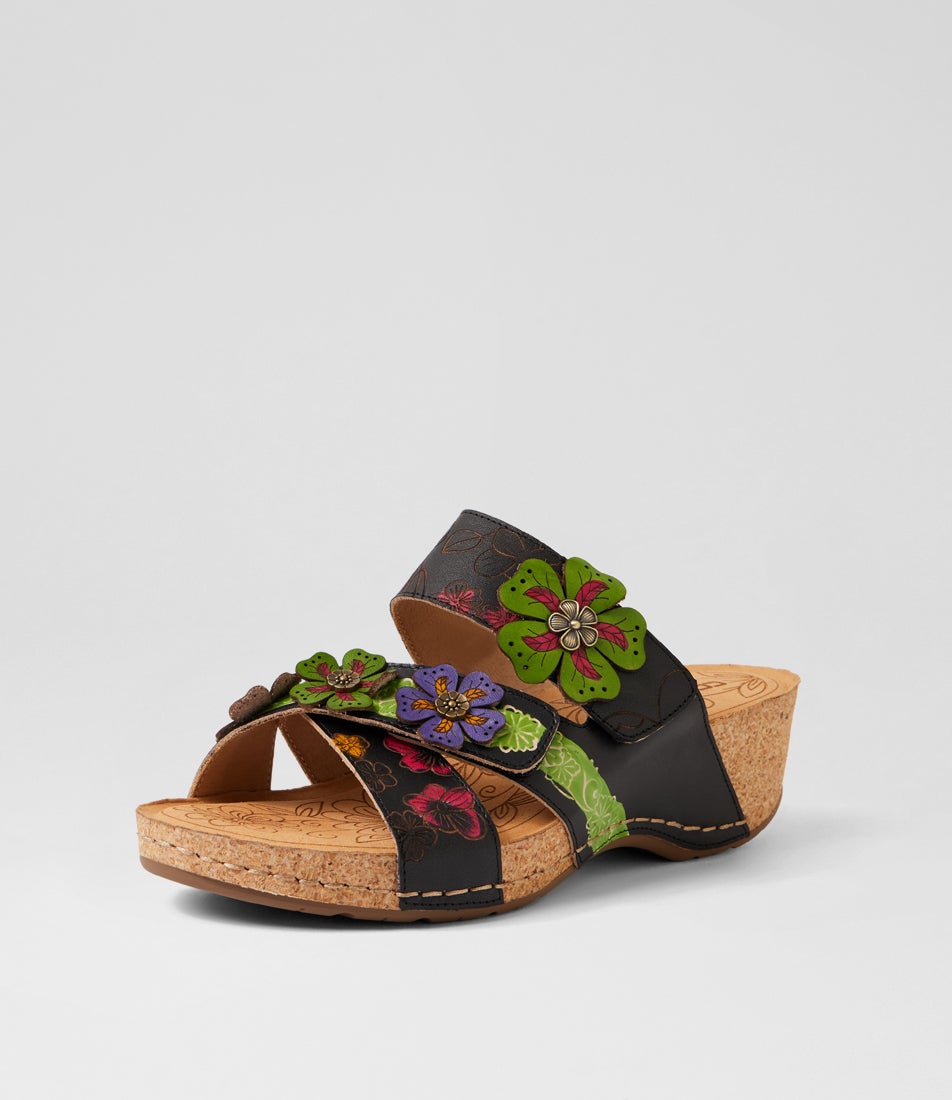Jasmine Black Botanical Leather Wedges