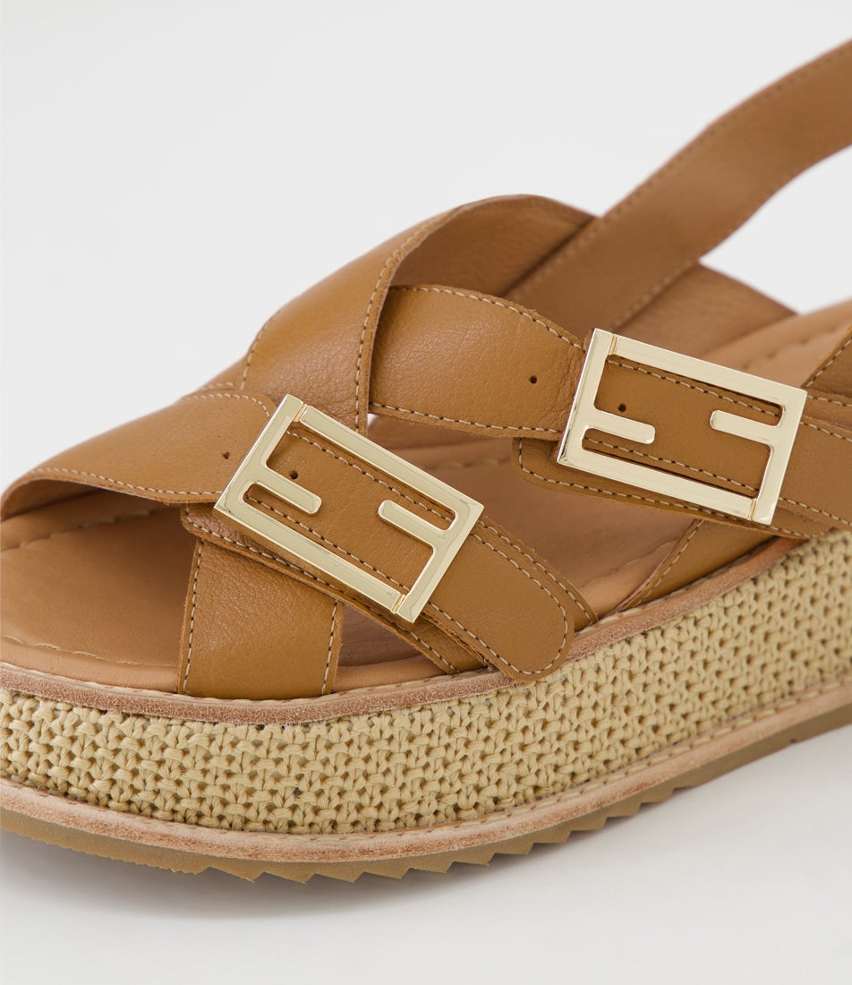 Vasha Dark Tan Camel Leather Raffia Sandals