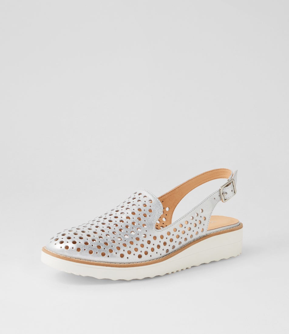 Onula White Silver Wash Leather Flat Shoes