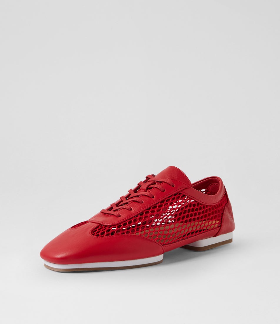 Remy Red Leather Mesh Lace Up Flats