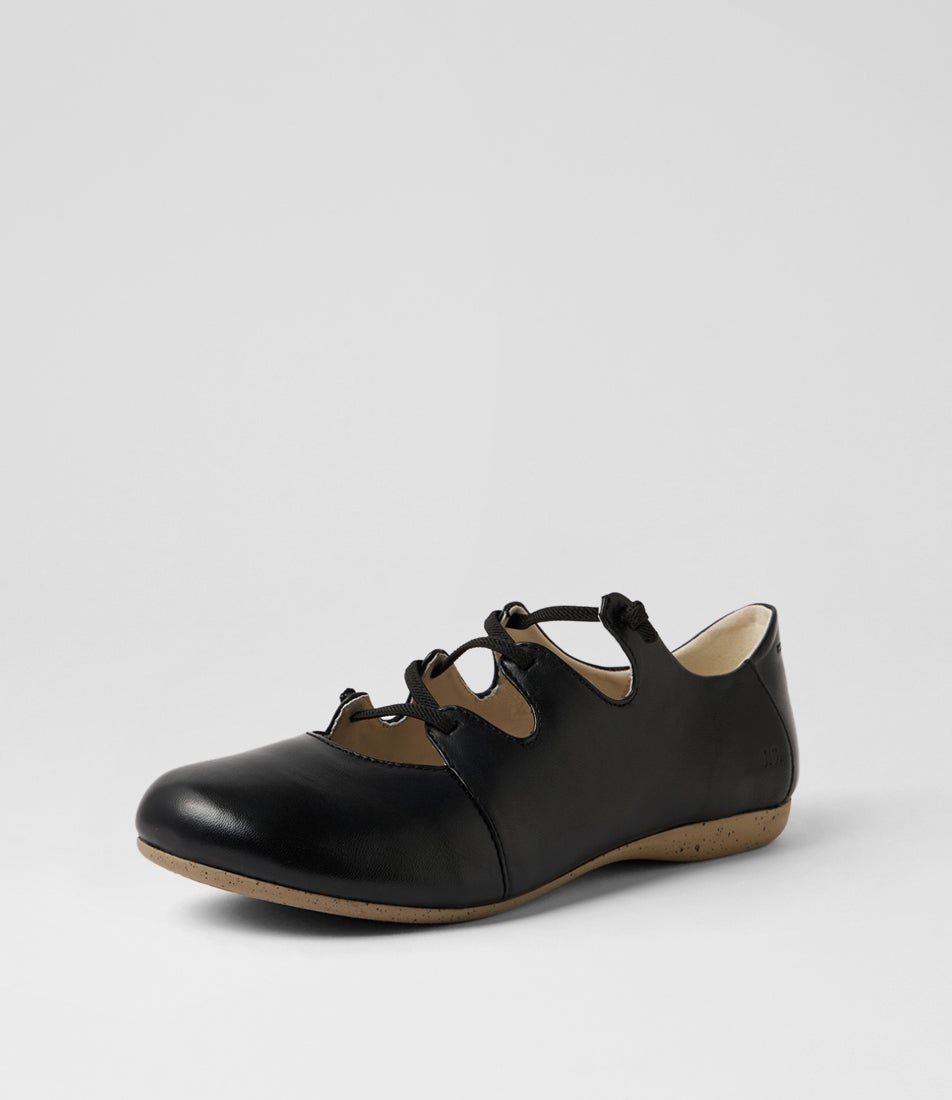 Fiona 04 Schwarz Leather Lace Up Flats