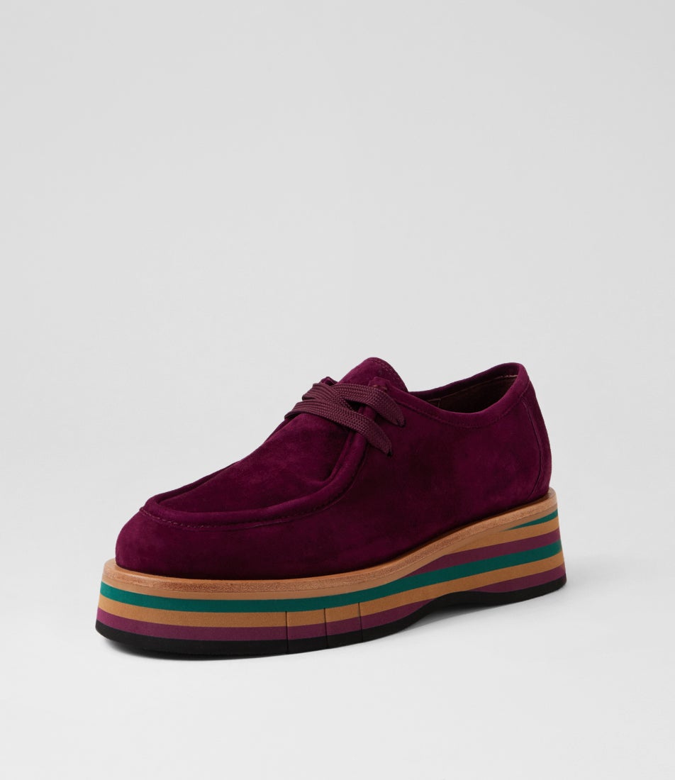 Gnota Burgundy Forest Tan Multi Suede Lace Up Flats