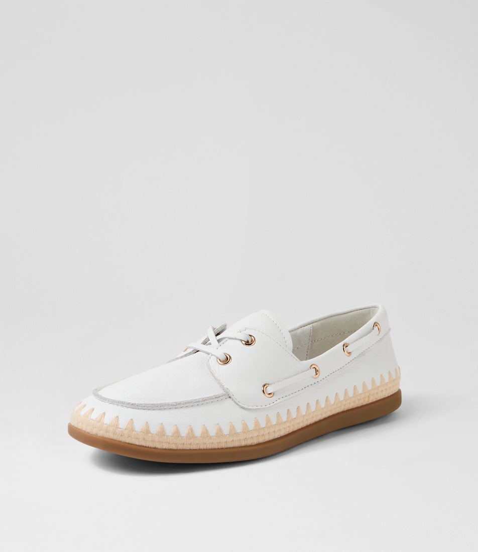 Rory White Natural Leather Synthetic Raffia Boat Shoes