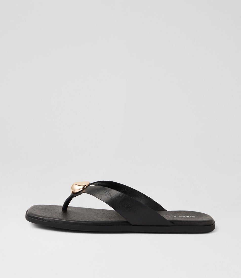 Nixie Black Gold Leather Thongs