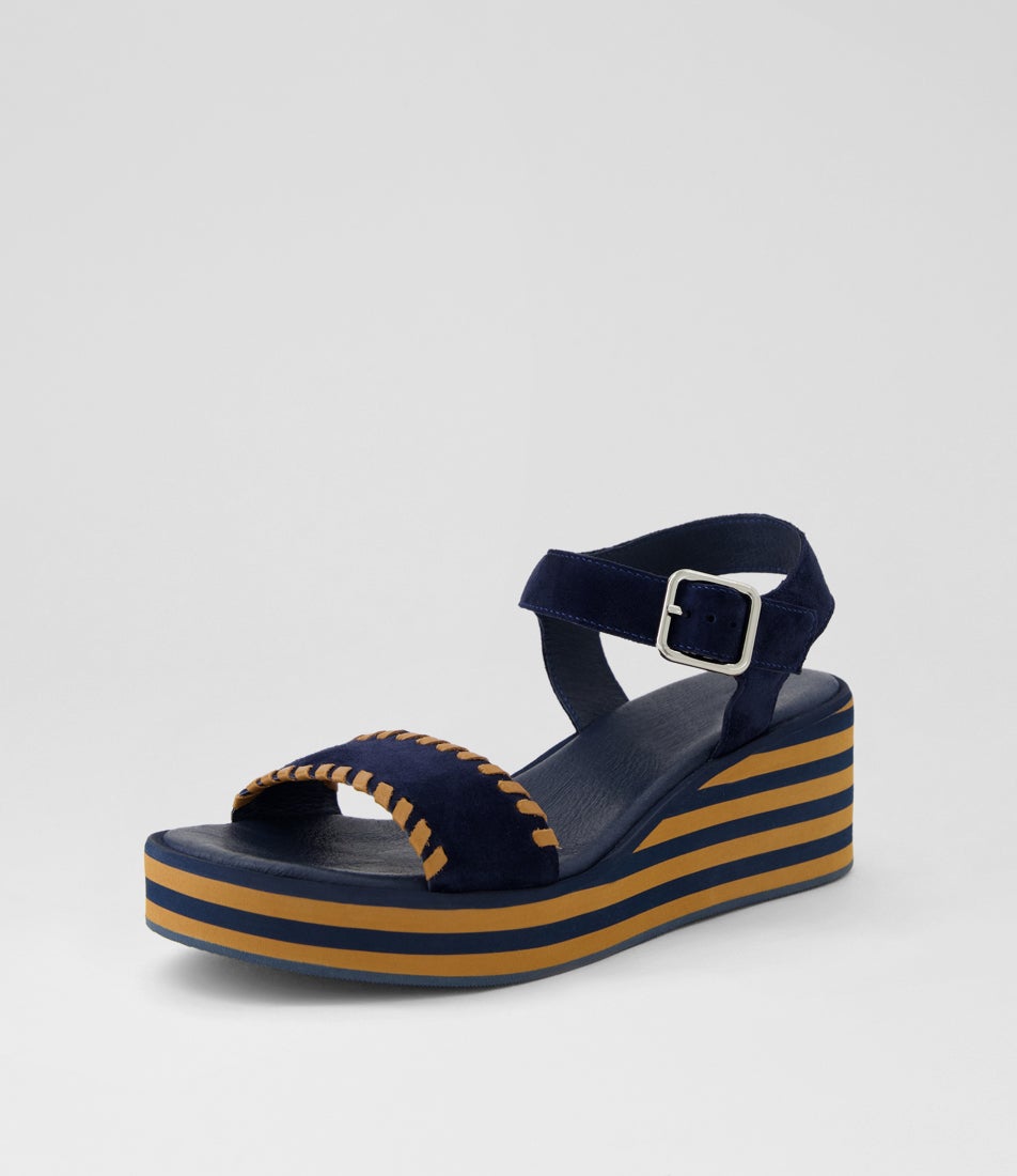 Faline Navy Dark Tan Suede Leather Sandals