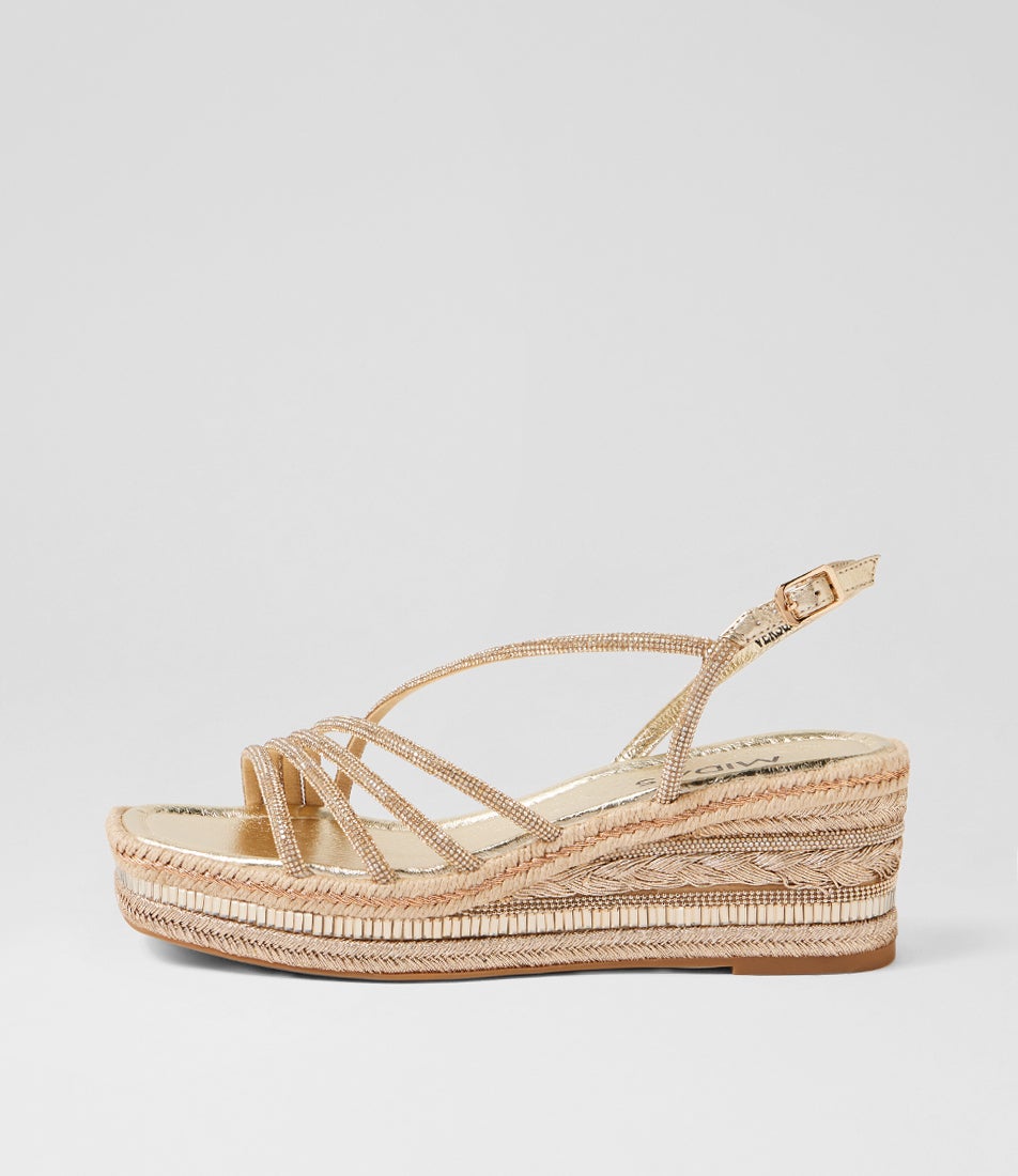 Versus Pale Gold Leather Jewels Platform Wedge Sandals