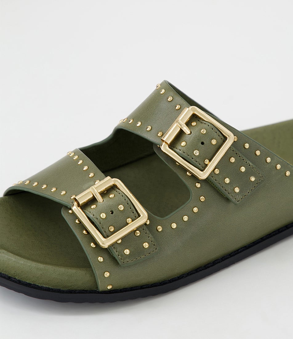 Havro W Olive Pale Gold Leather Slides