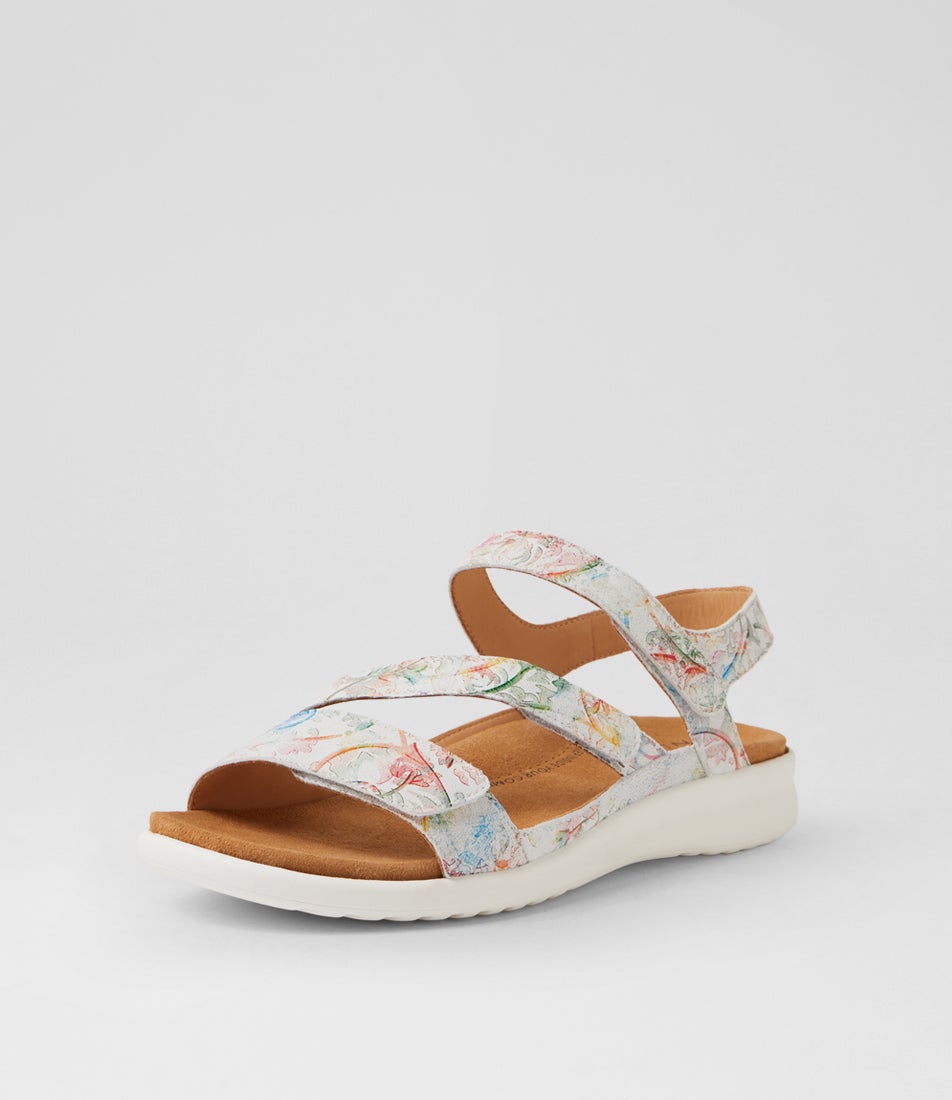 Boyde Xw Almond Floral White Leather Sandals